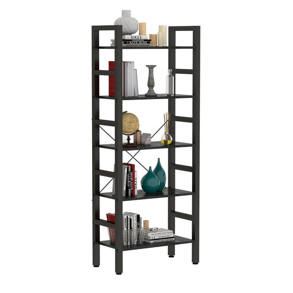 5-Tier Bookshelf with Wood Shelves and Metal Frame, 62'' Tall Freestanding Bookcase for Living Room, Bedroom, Home Office, Black