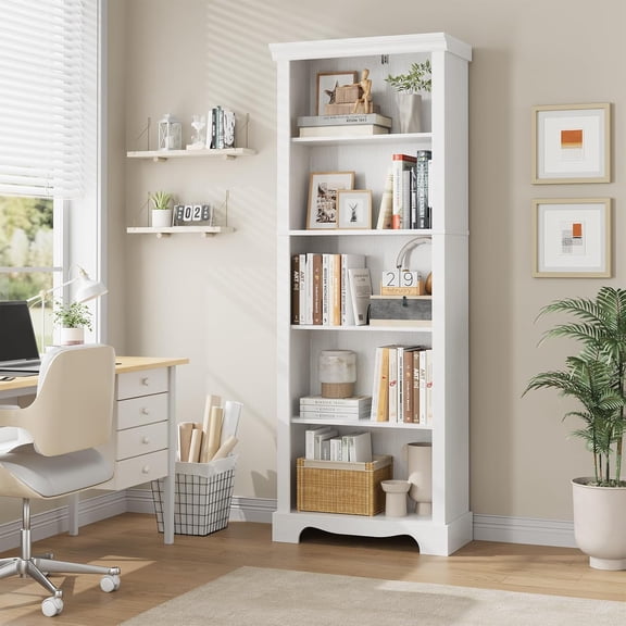 5-Tier Bookshelves and Bookcases, 61.1 inch Tall Bookshelf with Ample Storage Space, Wooden Bookcase with Unique Design, Modern Bookshelf for Study Room, Living Room, Home Office, Bedroom (White)