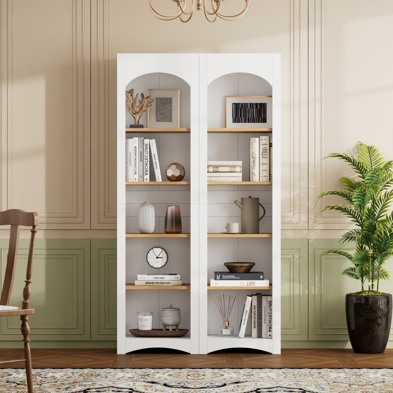 5 Tier Bookshelves Set of 2, Farmhouse Storage Cabinet with Adjustable Shelves, Two-Tone Bookcase for Living Room Home Office Kitchen Pantry, White
