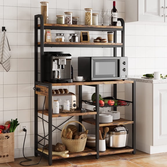 5-Tier Brown Bakers Rack with Power Outlet, Microwave Stand & Wire Basket