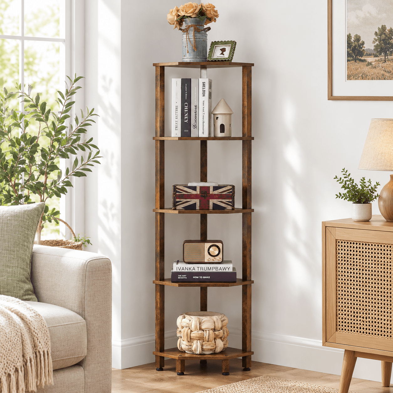 5 Tier Brown Corner Bookcase, Vertical Storage Shelf for Small Spaces ...