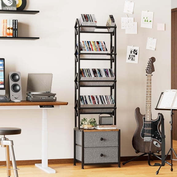 5-Tier CD Storage Rack with Drawers, Angled Media Organizer for DVDs Books Games, Large Capacity Floor Shelf for Living Room Home Office, Black Metal Wood Linen