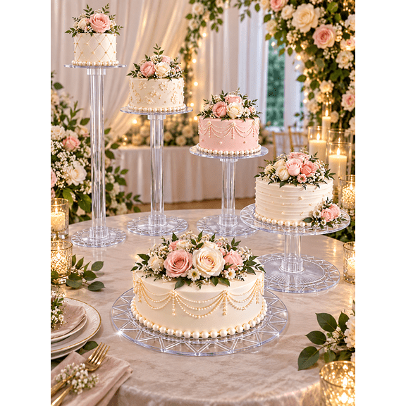5 Tier Acrylic Cake Stand - Heavy Duty Round Wedding Cake and Cupcake Stand Combo for Christmas Table, Wedding, Party, Birthday - Crystal Clear Cake Stand, Dessert Display Stands
