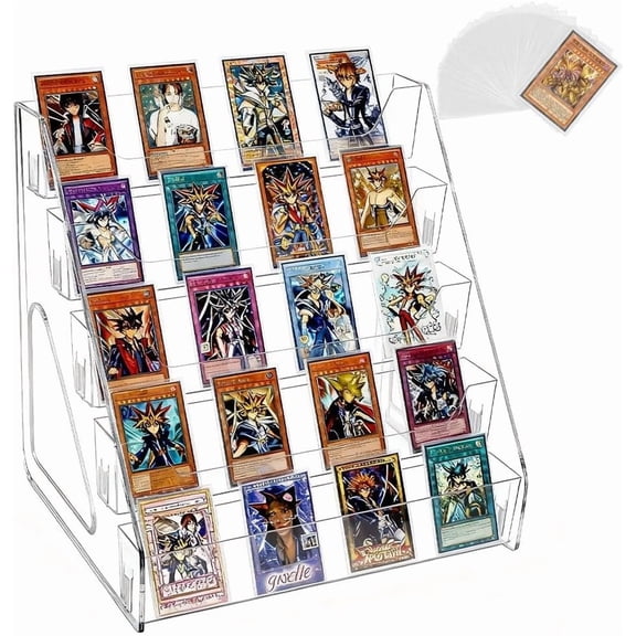 5 Tier Card Display Shelf, Acrylic Trading Card Display Stand Graded Card Display Stand with 40 Pcs Photocard Sleeves, Versatile Display Holders for PSA BGS SGC Slabs, Sports Cards, Greeting Card