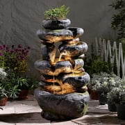 5-Tier Cascading Rock Water Fountain Outdoor, 29.5Tall Outside Fountains and Waterfalls with Lights for Garden, Patio, Yard, Deck Home Decor with Natural Stone Look