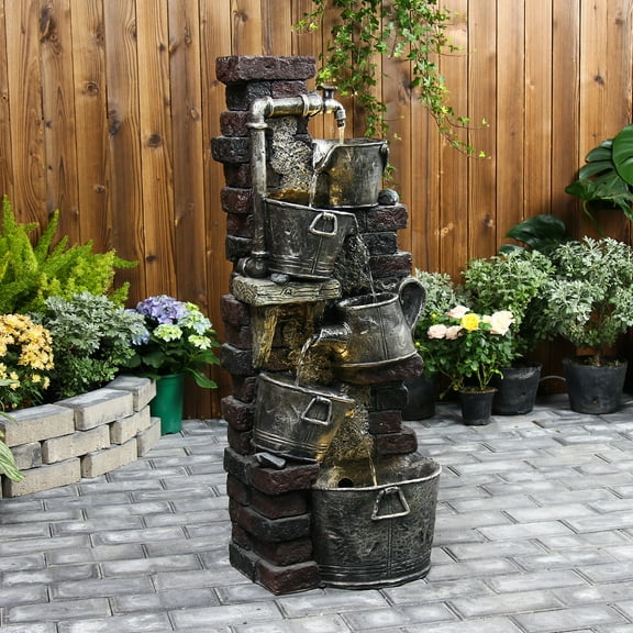 5-Tier Cascading Waterfall Fountain with LED Lights for Garden, Patio, and Outdoor Decor