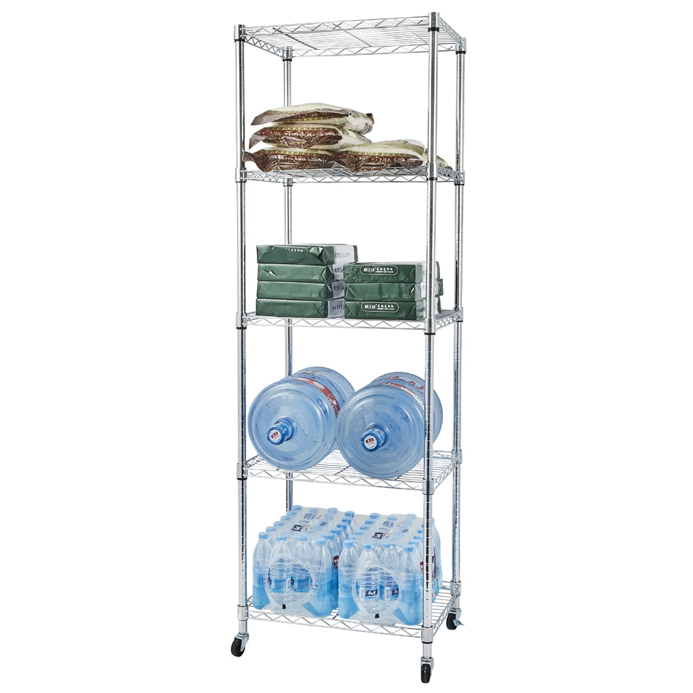 5-Tier Chrome Steel Wire Shelving Unit Commercial Grade Storage Rack with Caster Wheels Leveling Feet for Home Garage Warehouse Restaurant