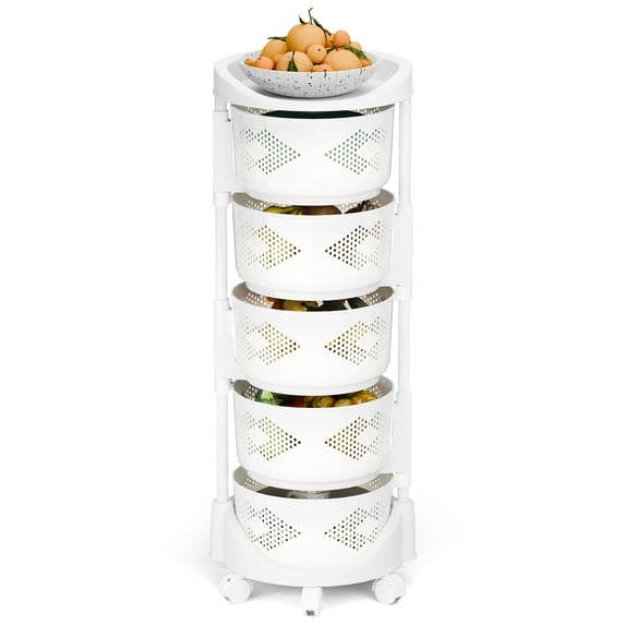 5-Tier Circular Rotating Storage Cart with 360° Wheels - Kitchen Fruit Vegetable Organizer Rack, Rotatable Basket for Pantry, Bathroom, Space-Saving Shelving