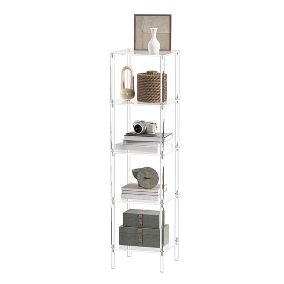 5-Tier Clear Acrylic Display Shelf, Tall Narrow Bookcase For Living Room, Bedroom, Small Spaces