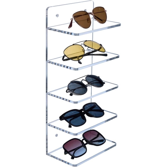 5 Tier Clear Acrylic Sunglasses Holder Rack, Wall Mounted Eye Glasses Shelf or Tabletop Display Stand, Retail Eyewear Showcase Storage Organizer, Set of 2