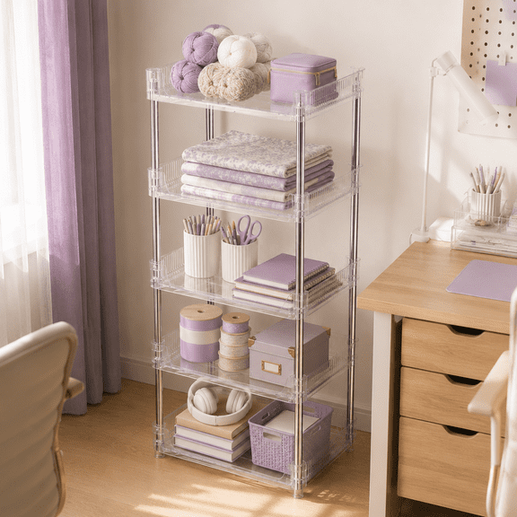5-Tier Clear Storage Shelf,, Narrow Freestanding Storage Organizer Rack for Bathroom, Laundry Room, Kitchen, Bedroom & Small Spaces