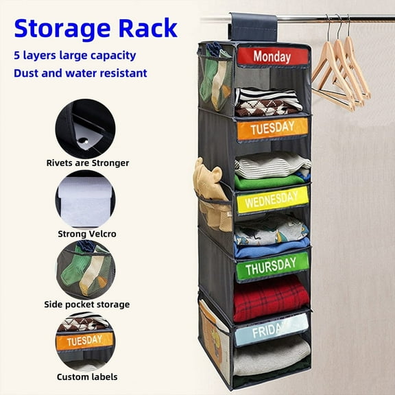 1-Piece, 5-Tier, Closet Organizers with Large Stackable Storage Bins, Fabric Bins, and Collapsible Drawer, Gray