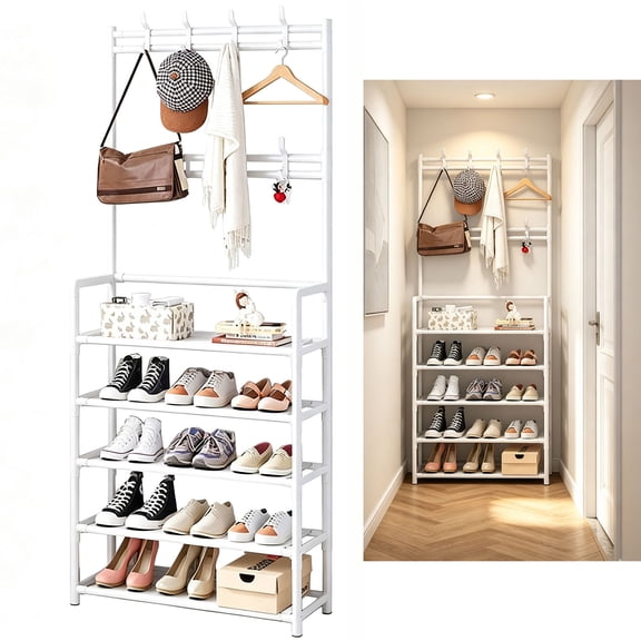 5-Tier Coat Rack with Shoe Storage, Freestanding Hall Tree with 8 Hooks, Entryway Shoe Organizer Rack for Hallway Bedroom Office