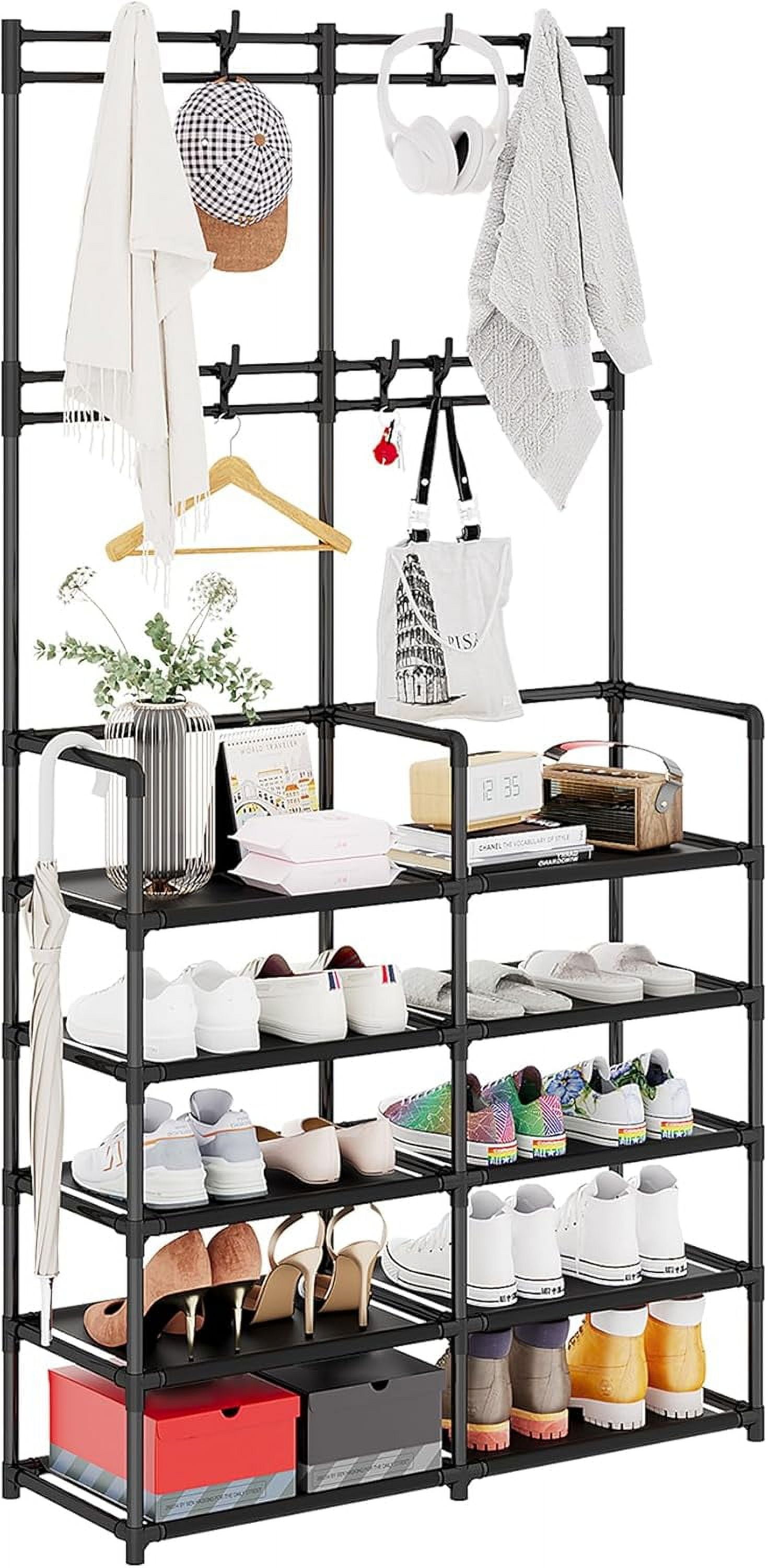 5-Tier Coat and Shoe Rack, Entryway Coat Rack with 8 Hooks, Double Row ...