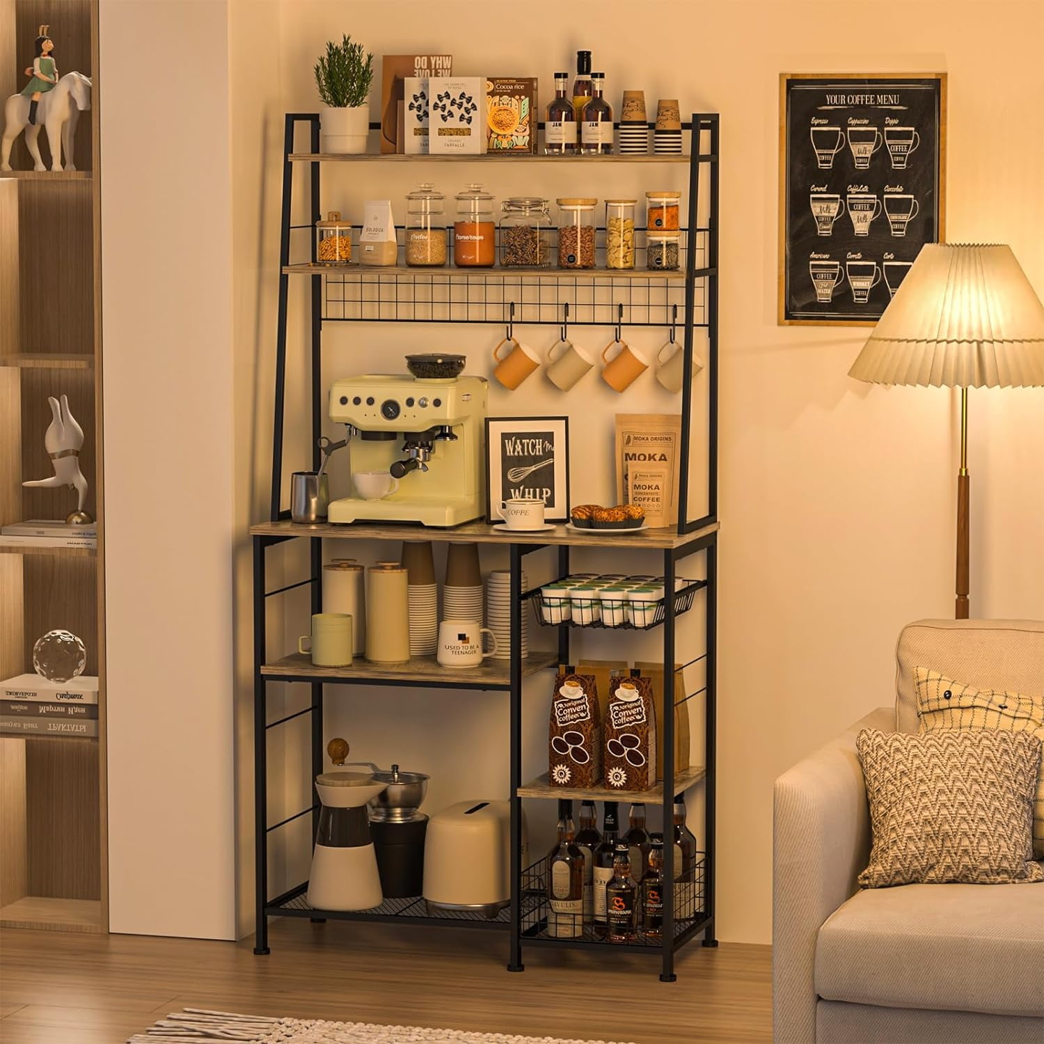 DAOUTIME 5 Tier Farmhouse Coffee Bar Station - Corner Baker's Rack With Hooks, 13.43D X 18.93W X 53.31H - View #5