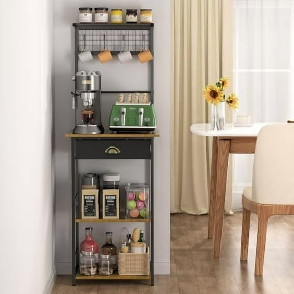 5 Tier Coffee Bar Station with Drawer, Kitchen Stand with 4 S-Shaped Hooks, Corner Coffee Bar Cabinet for Small Spaces, Bakers Rack for Kitchen, , 13.43" D x 18.93" W x 53.31" H