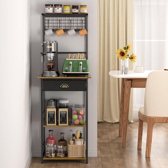 5 Tier Coffee Bar Station With Drawer Kitchen Stand 4 S-shaped Hooks Farmhouse Corner Cabinet For Small Spaces Bakers Rack Living Room 13.43" D X 18.93" W 53.31" H