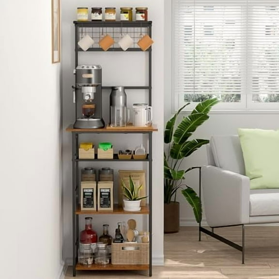 5 Tier Coffee Bar Station, Kitchen Stand with 4 S-Shaped Hooks, Farmhouse Corner Coffee Bar Cabinet for Small Spaces, Bakers for Kitchen, Entryway, Living , 13.43"D x 18.93"W x 53.31"H