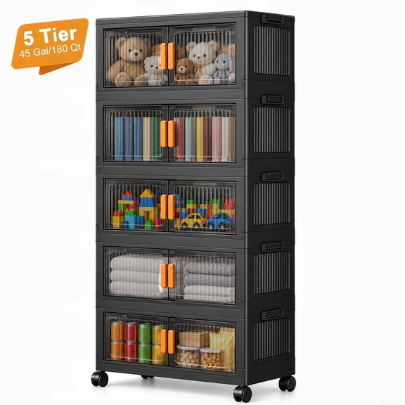 5 Tier Collapsible Plastic Storage Cabinet with Wheels, 180 QT Stackable Storage Bins with Clear Front Doors, Folding Storage Organizer for Bedroom, Living Room, Toys, Clothes