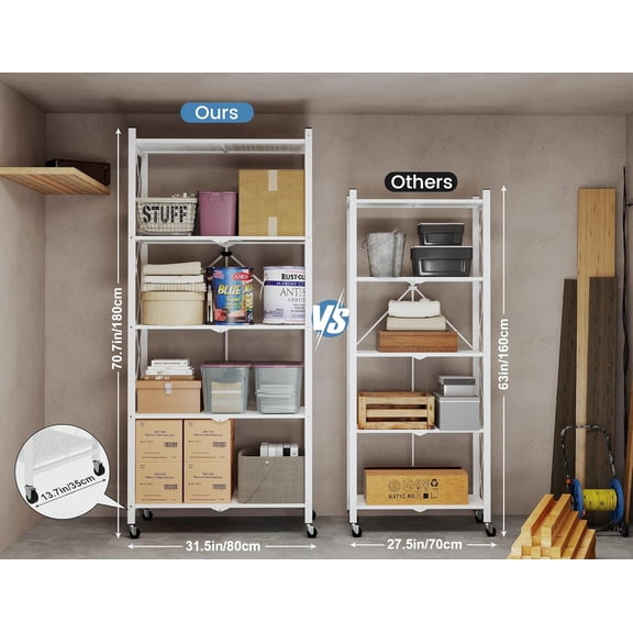 5 Tier Collapsible Shelving Unit on Wheels, Heavy Duty Folding Shelf No Assembly Rolling Storage Rack for Kitchen Basement Pantry Organizer White 1 Pack