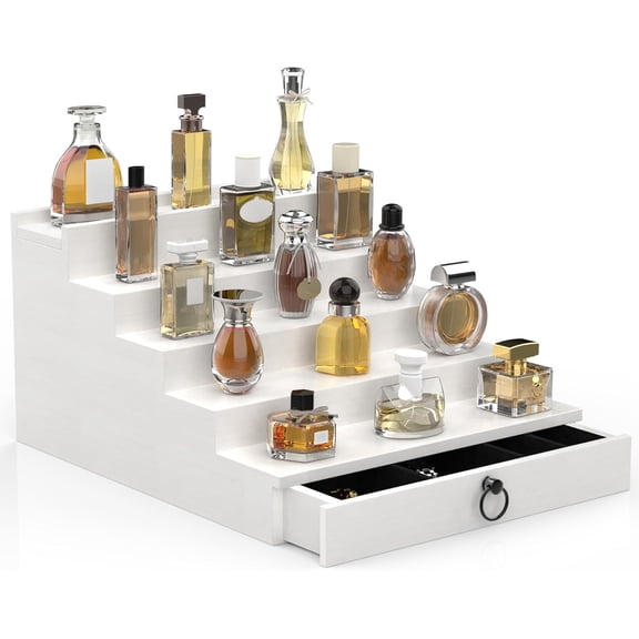 5 Tier Cologne Organizer with Drawer and Hidden Compartment White
