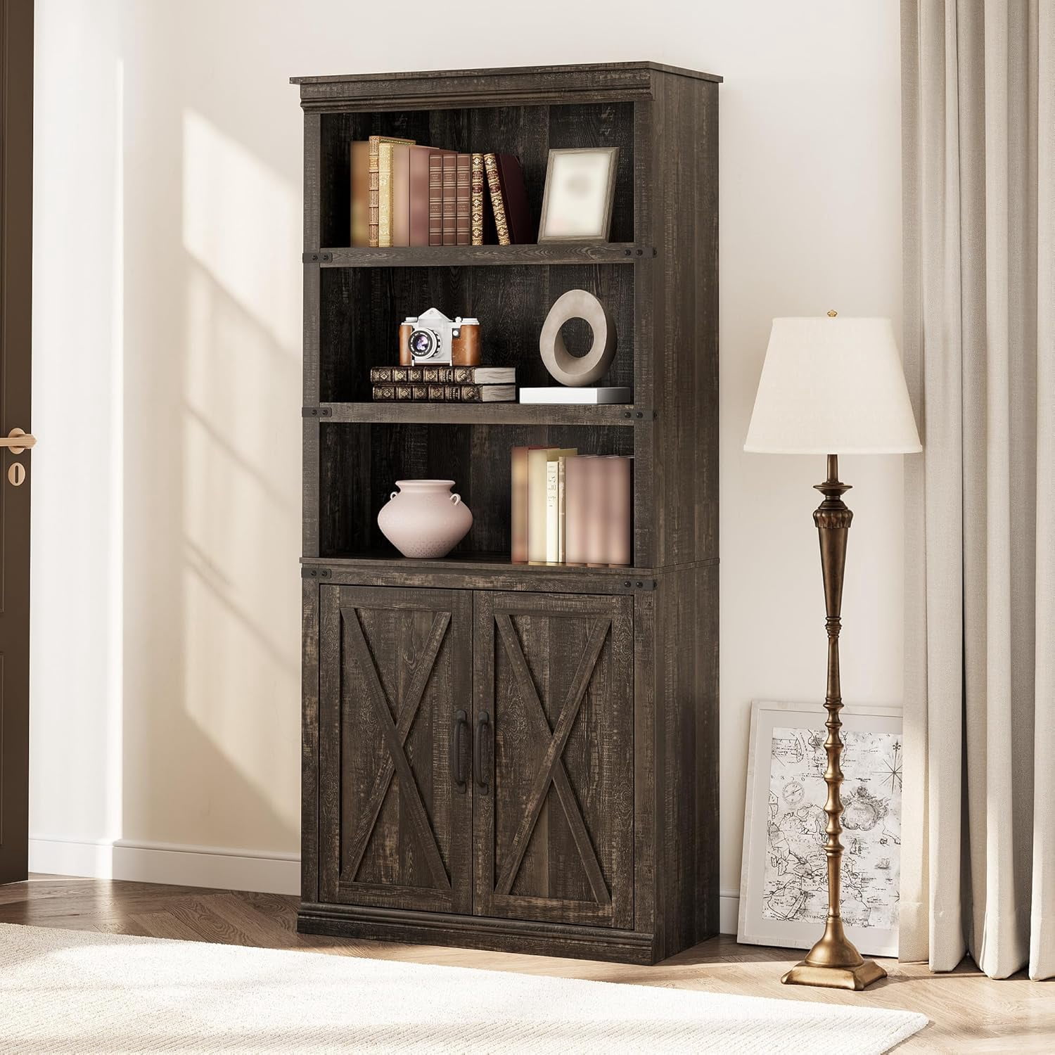 5 Tier Compact Farmhouse Bookcase – Vintage Wood Bookshelves with Open ...