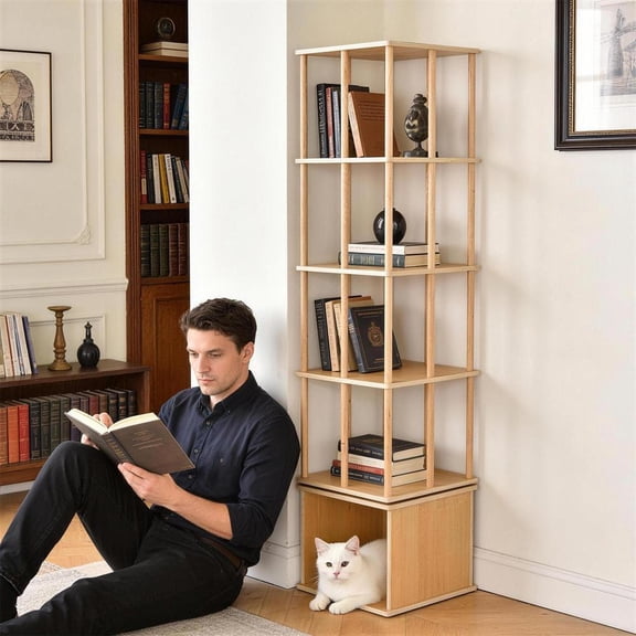 5-Tier Corner Bamboo Book Shelf 360° Rotating Storage Display Rack Standing Shelves with Open Design Shelving for Living Room Study Room for Office Bedroom (Primary Color)