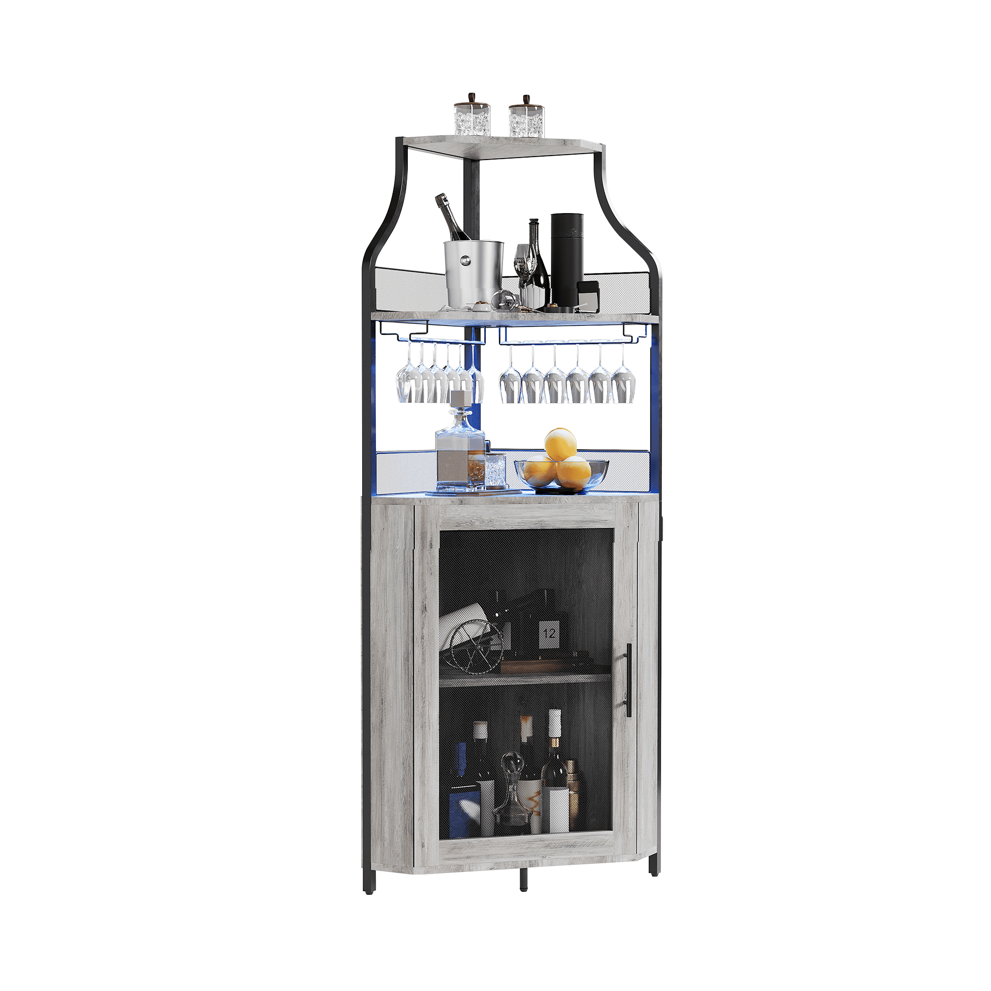 5-Tier Corner Bar Cabinet with LED Lights, Glass Holder & Adjustable ...