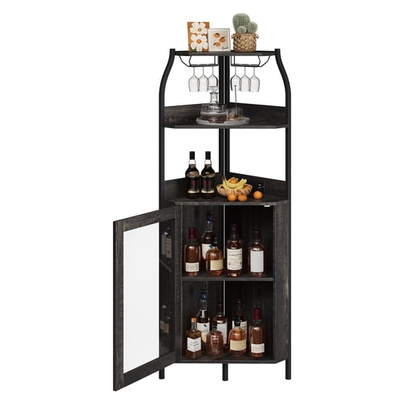 5-Tier Corner Bar Cabinet with Power Outlet & LED Light Strip, Industrial Curved Liquor Storage Cabinet with Wine & Glass Holders, Freestanding Display Unit for Kitchen Dining Living Room