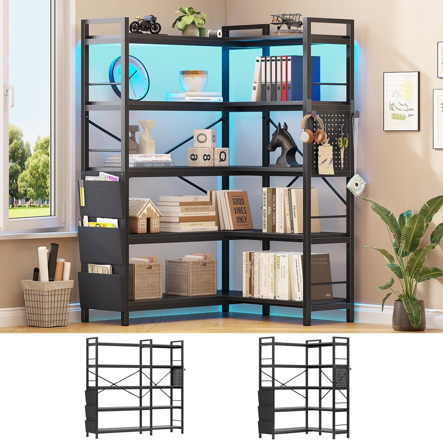 5Tier Corner Bookcase with Storage Bag and Pegboard, Industrial
