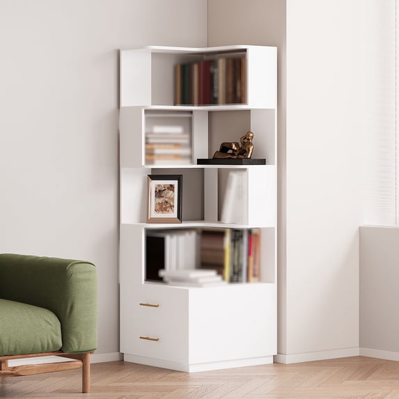 Pusnapku 4-Tier Corner Bookshelf, 71" Wood Bookcase with 2 Drawers, Morden Freestanding Display Rack with Anti-Tipping Device, for Living Room, Office