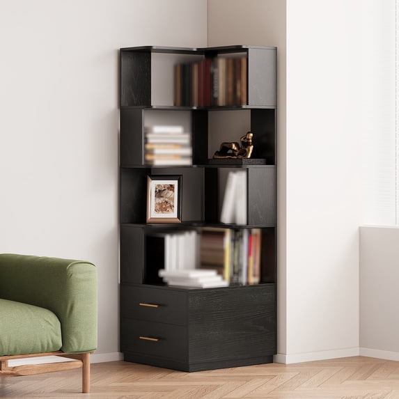 Pusnapku 4-Tier Corner Bookshelf, 71" Wood Bookcase with 2 Drawers, Morden Freestanding Display Rack with Anti-Tipping Device, for Living Room, Office