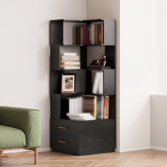 Pusnapku 4-Tier Corner Bookshelf, 71" Wood Bookcase with 2 Drawers, Morden Freestanding Display Rack with Anti-Tipping Device, for Living Room, Office