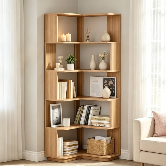 VECELO 5 Tier Corner Bookshelf, Freestanding Open Bookcase, Wooden Corner Display Storage Rack, Space-Saving Ladder Shelf for Living Room, Bedroom, Home Office, Natural
