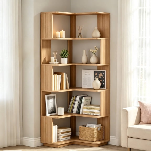 5 Tier Corner Bookshelf, Freestanding Open Bookcase, Wooden Corner Display Storage Rack, Space-Saving Ladder Shelf for Living Room, Bedroom, Home Office, Natural