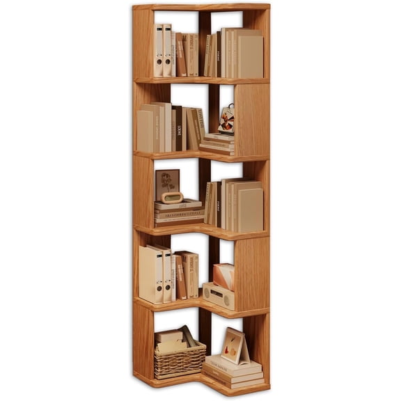 5 Tier Corner Bookshelf with Independent Open Wooden l Shaped Shelf, 63.8-inch high Corner Bookcase Storage Rack, Suitable for Home Offices, Living Rooms, bedrooms (Light Walnut Wood)