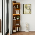 thumbnail image 1 of 5 Tier Corner Bookshelf, L-Shaped Freestanding Display Shelf with Baffles, Space Saving Storage Bookcase for Living Room, Bedroom, Office, Kitchen, Walnut, 1 of 11