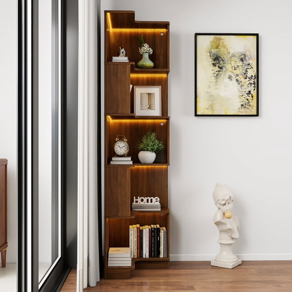 5 Tier Corner Bookshelf, L-Shaped Freestanding Display Shelf with Baffles, Space Saving Storage Bookcase for Living Room, Bedroom, Office, Kitchen, Walnut