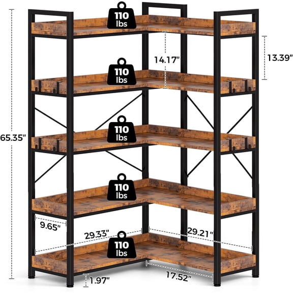 5-Tier Corner Bookshelf L-Shaped Metal Frame Shelf with Tall 14 Shelves Plant Stand Storage Rack for Small Spaces Living Room Home Office Rustic Brown