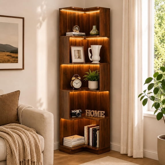 5-Tier Corner Bookshelf with LED Lights, 68.9 inch Tall L-Shaped Corner Bookcase for Small Spaces, Open Corner Display Shelf Stand for Books, Plants, Decor, Living Room Bedroom Office (Walnut)