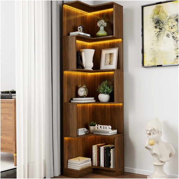 5 Tier Corner Bookshelf with LED Lights, Walnut Freestanding L-Shaped Bookcase Shelf, Space-Saving Storage Organizer for Living Room, Office, Bedroom, Kitchen