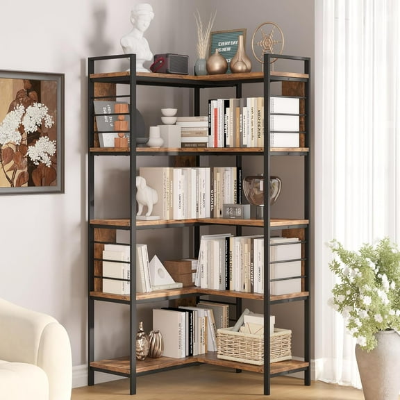5 Tier Corner Bookshelf, Reversible Corner Shelf, Industrial Wooden Display Book Shelf Stand, L-Shaped Etagere Bookcase with Storage Shelves and Metal Frame for Living Room, Bedroom, Home Office