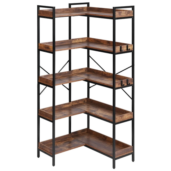 5 Tier Corner Bookshelf Tall Corner Bookcase with 4 Hooks L-Shaped Storage
