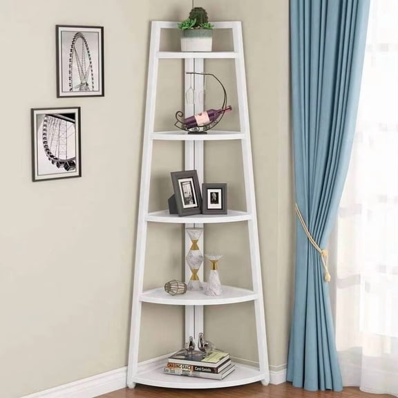 5-Tier Corner Bookshelf, White Boho Space Saving Floor Storage Rack, Lightweight PP Material Easy Assembly for Living Room