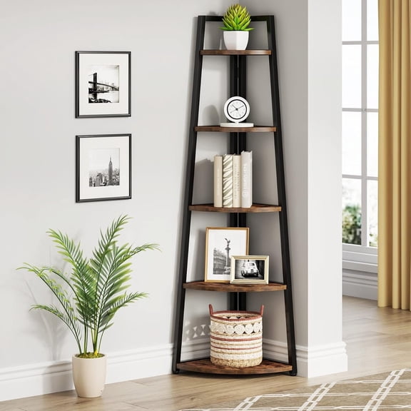 5 Tier Corner Bookshelf and Bookcase, 70 inch Tall Corner Shelves Standing Shelving Unit Indoor Stand for Living Room, Kitchen, Office (Brown)