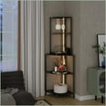 thumbnail image 1 of 5 Tier Corner Bookshelf with LED Light, USB Plug & Glass Holder | Metal + MDF | Black, 1 of 18