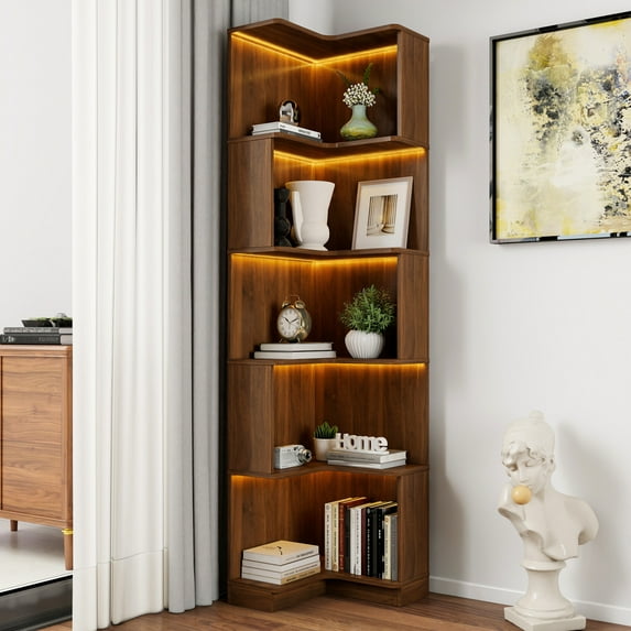 5 Tier Corner Bookshelf with LED Lights, 69" Tall Bookcase Display Rack Plant Stand with Baffle for Living Room Home Office, Walnut