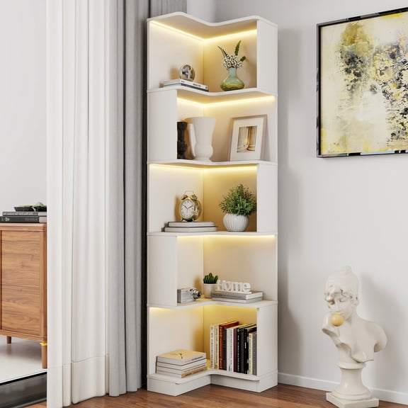 5 Tier Corner Bookshelf with LED Lights, 69" Tall Bookcase Display with Baffle, Freestanding Rack Plant Stand for Living Room Office, White