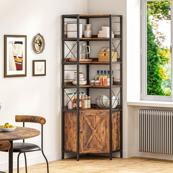 5-Tier Corner Bookshelf with Storage and , Industrial Rustic Brown Display Cabinet for Living Room