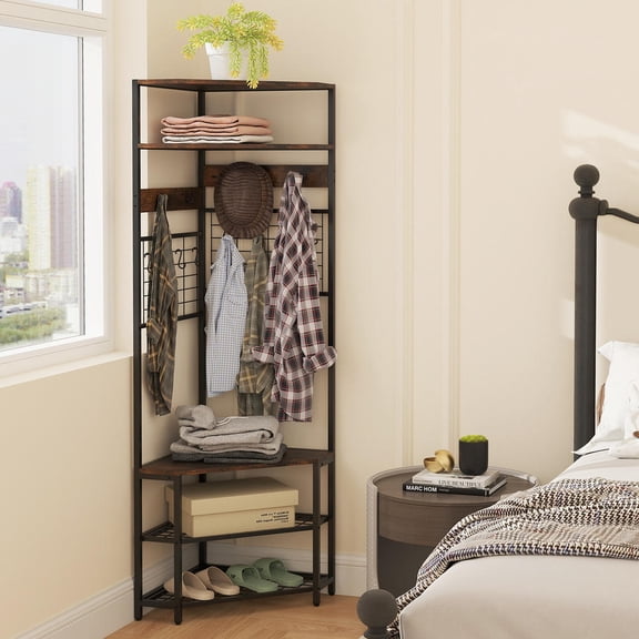 5-Tier Corner Hall Tree with Shoe Storage Bench, Rustic Brown, Metal Frame, 4 Hooks, 8 Removable Hooks